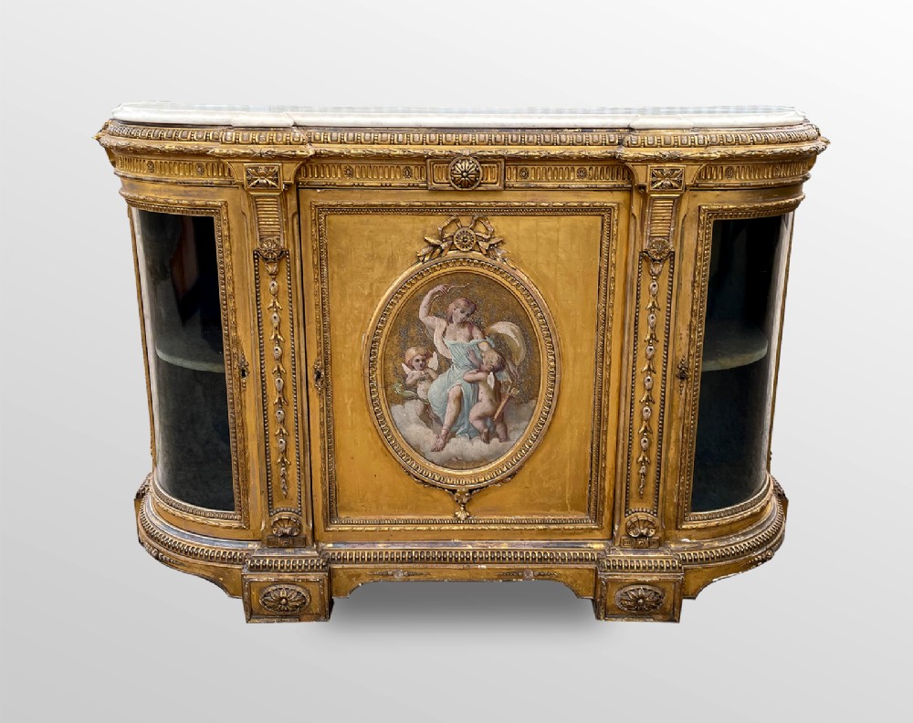 19TH CENTURY MARBLE TOP GILTWOOD CREDENZA WITH PAINTED PANEL