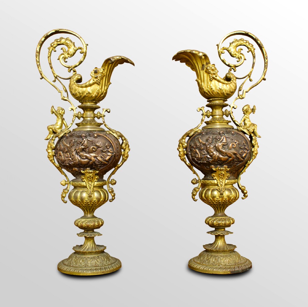 French Pair Of Gilt Metal & Bronze Ewers