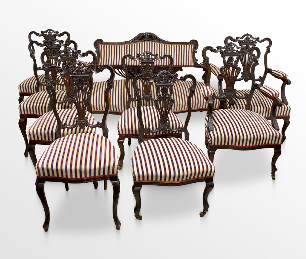 Edwardian Carved Mahogany Nine Piece Parlour Suite 