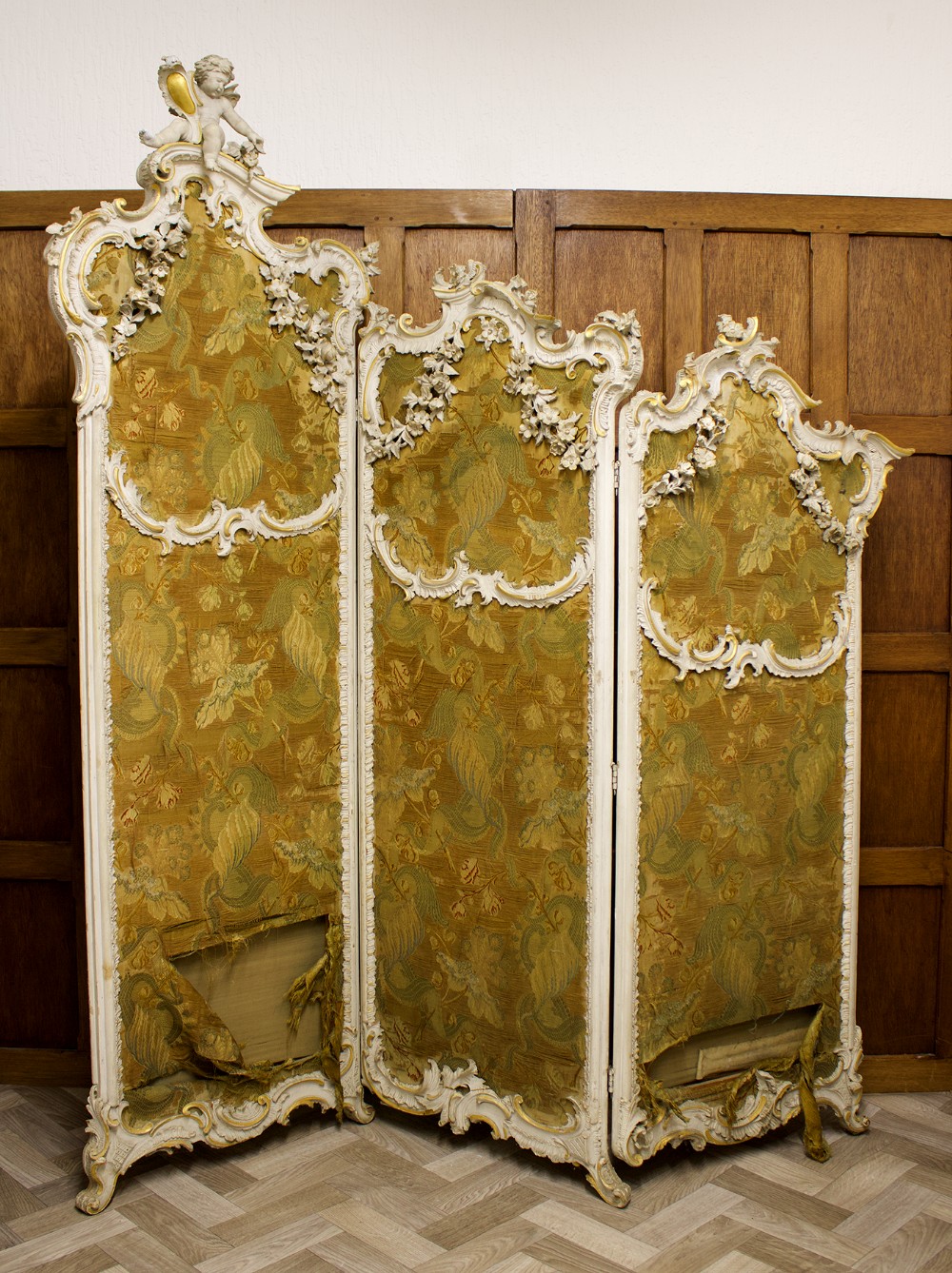 19th Century Three Fold Carved Painted Gesso & Gilt Screen
