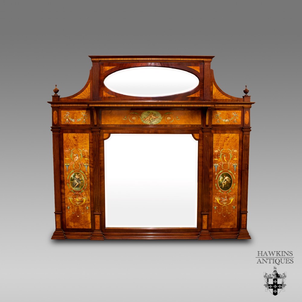 Edwardian Mahogany & Satinwood Painted Overmantel Mirror