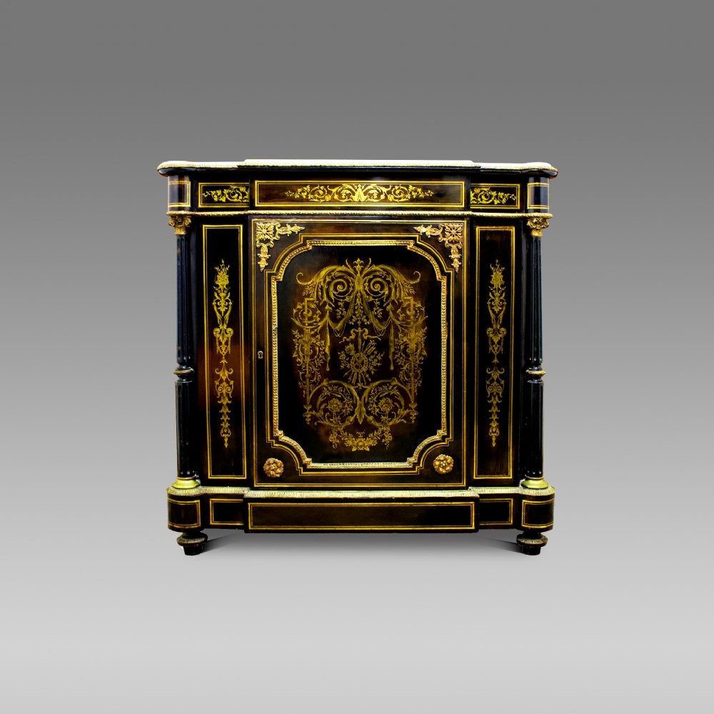19th Century Marble Top Ebonised & Brass Inlaid Side Cabinet