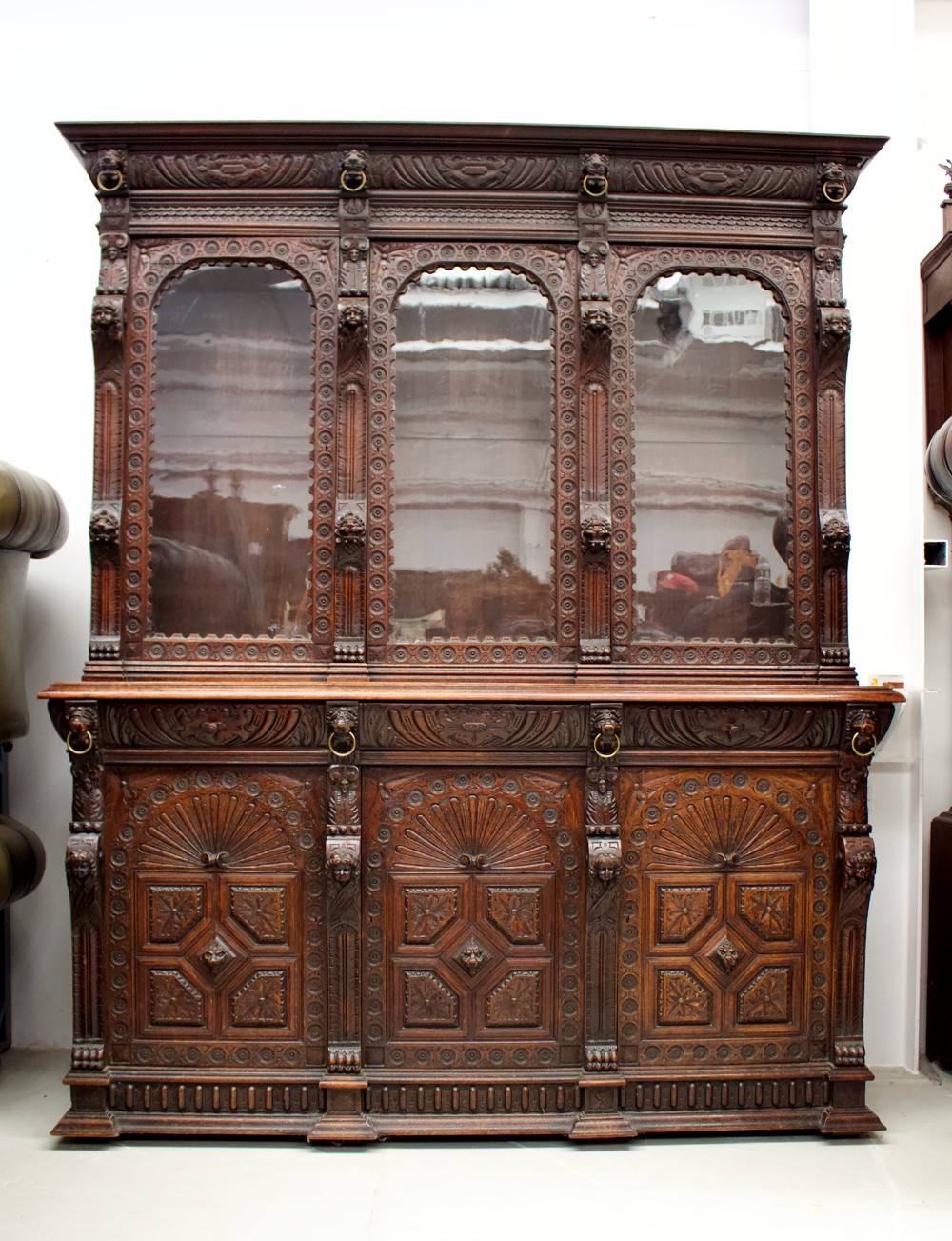 19th Century Three Door Carved Oak Bookcase