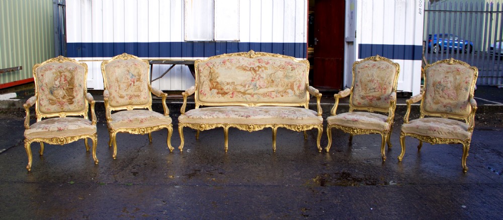 19th Century Louis XV Style Carved Giltwood 5-Piece Salon Suite - Aubusson Tapestry View II
