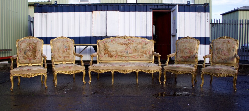 19th Century Louis XV Style Carved Giltwood 5-Piece Salon Suite - Aubusson Tapestry View III