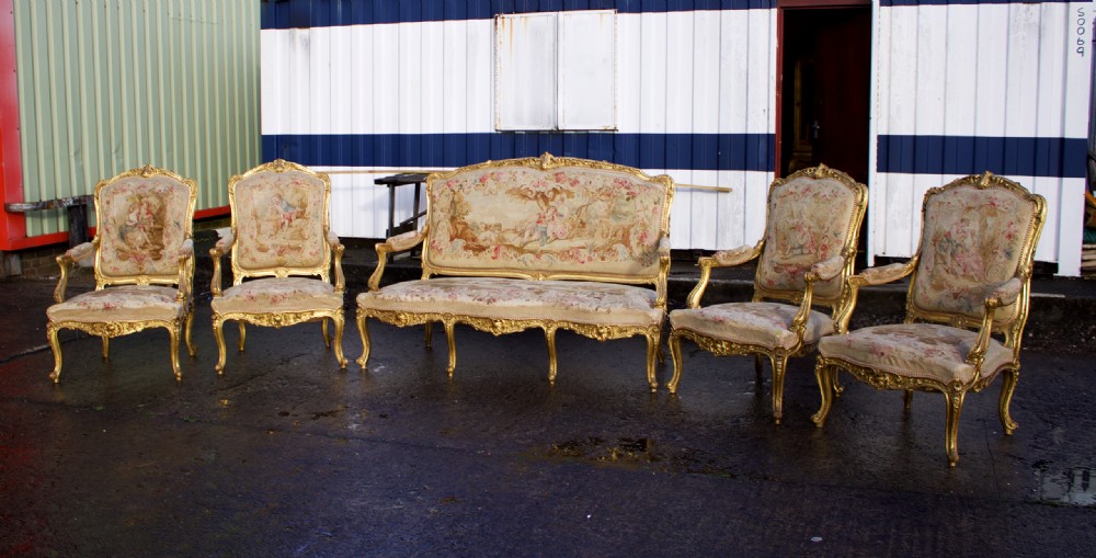 19th Century Louis XV Style Carved Giltwood 5-Piece Salon Suite - Aubusson Tapestry View IV