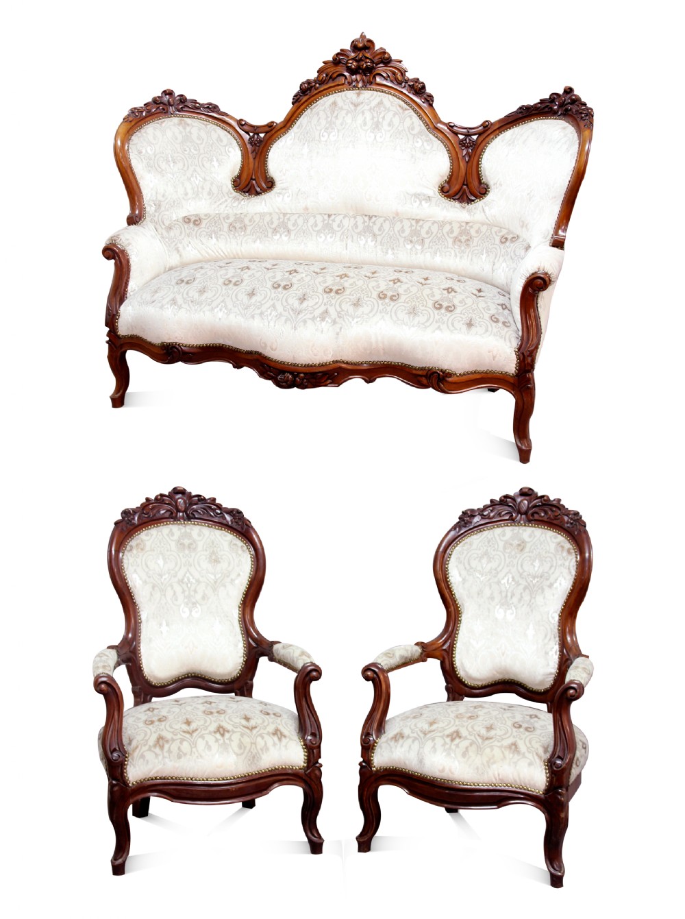 Victorian 19th-Century Carved Mahogany Three-Piece Salon Suite