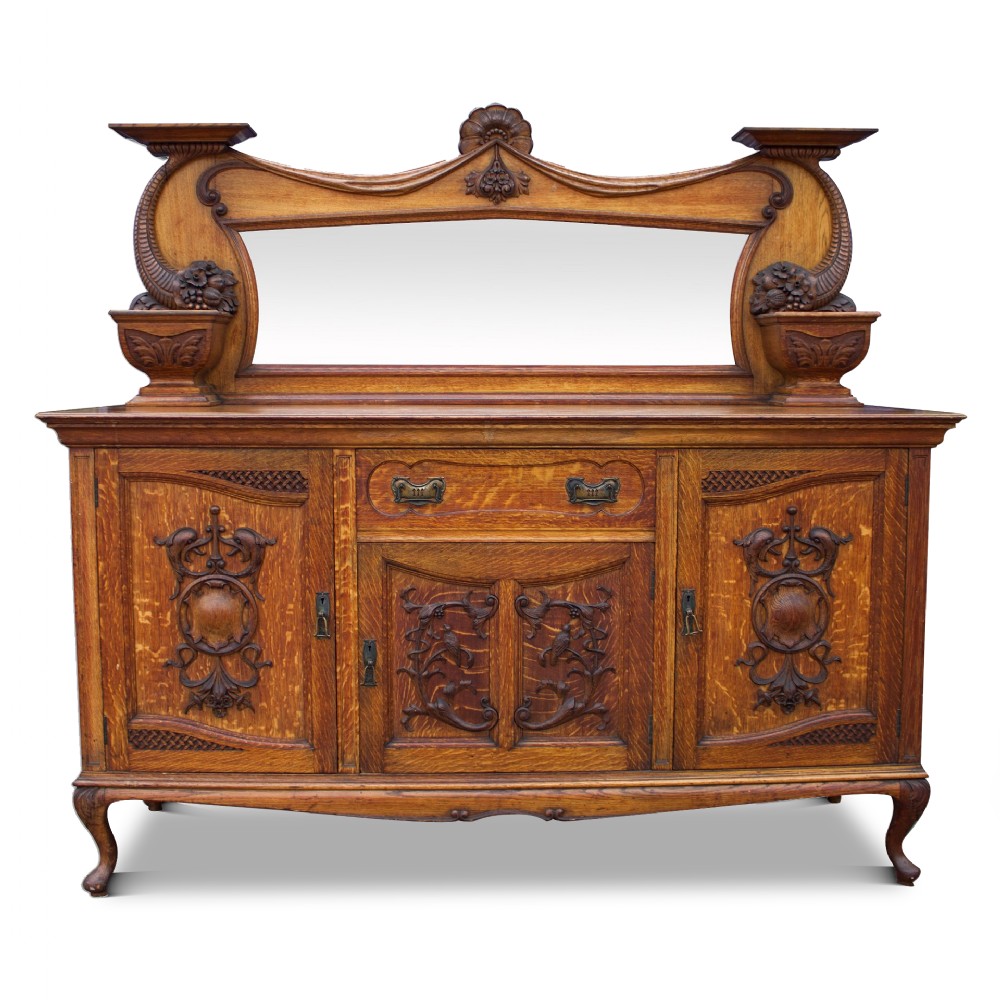 Antique Scottish Elegance: 19th Century Carved Oak Mirror Back Sideboard by James Simpson & Sons, Glasgow