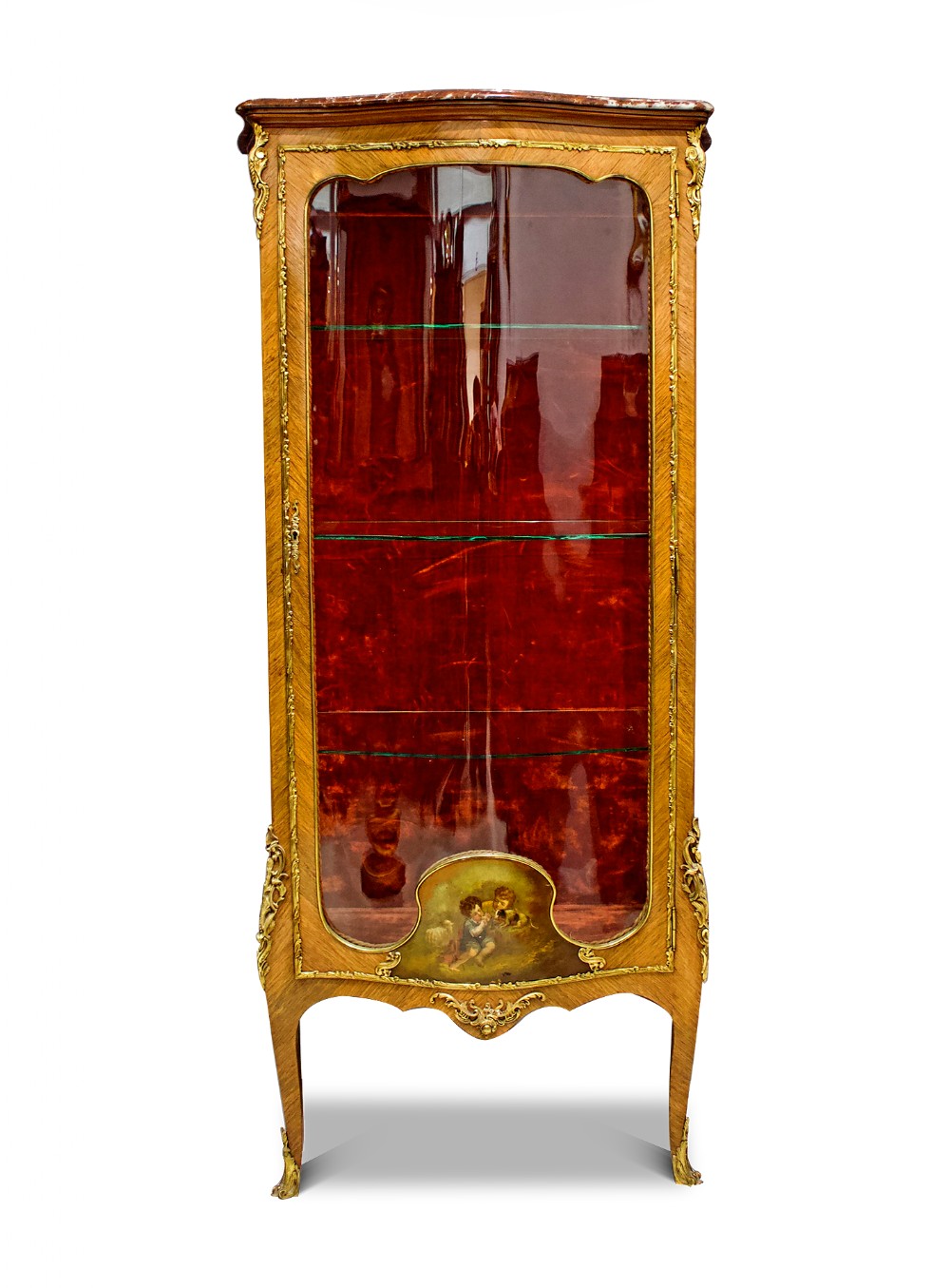 Elegant Antique French Vitrine Cabinet: Kingwood, Vernis Martin, Marble, and Ormolu