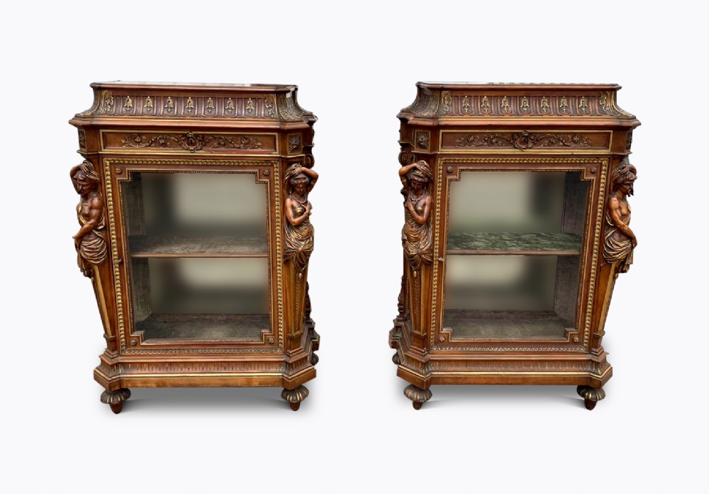Rare Stunning Pair Of 19th Century Carved Walnut & Gilt Side Cabinets