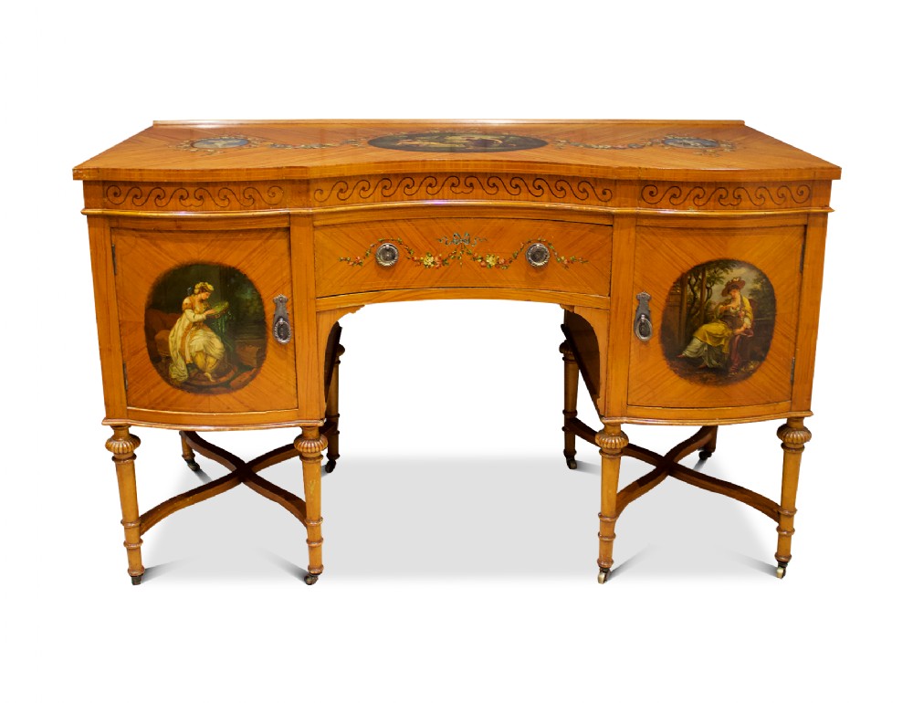 Elegant Edwardian Satinwood Painted Serpentine Desk 