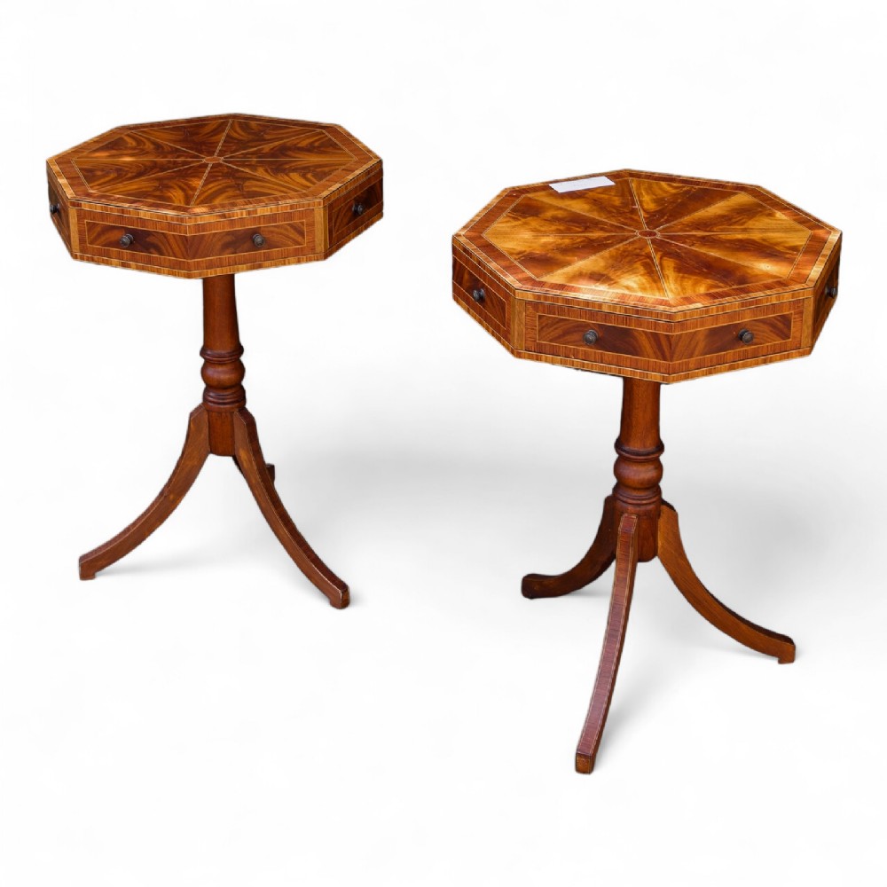Early 20th Century Decorative Pair Of Flamed Mahogany Drum Tables