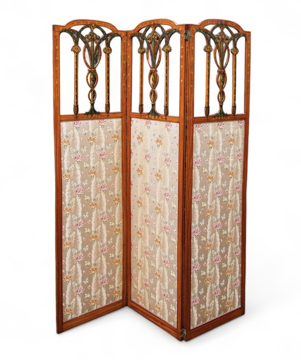 Stunning Antique 3 Fold Satinwood Painted Screen