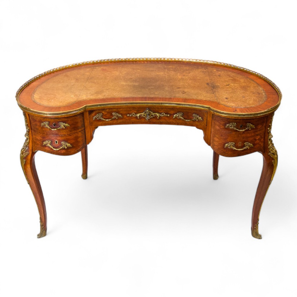 Stunning Antique Parquetry Inlaid Kidney Shaped Desk