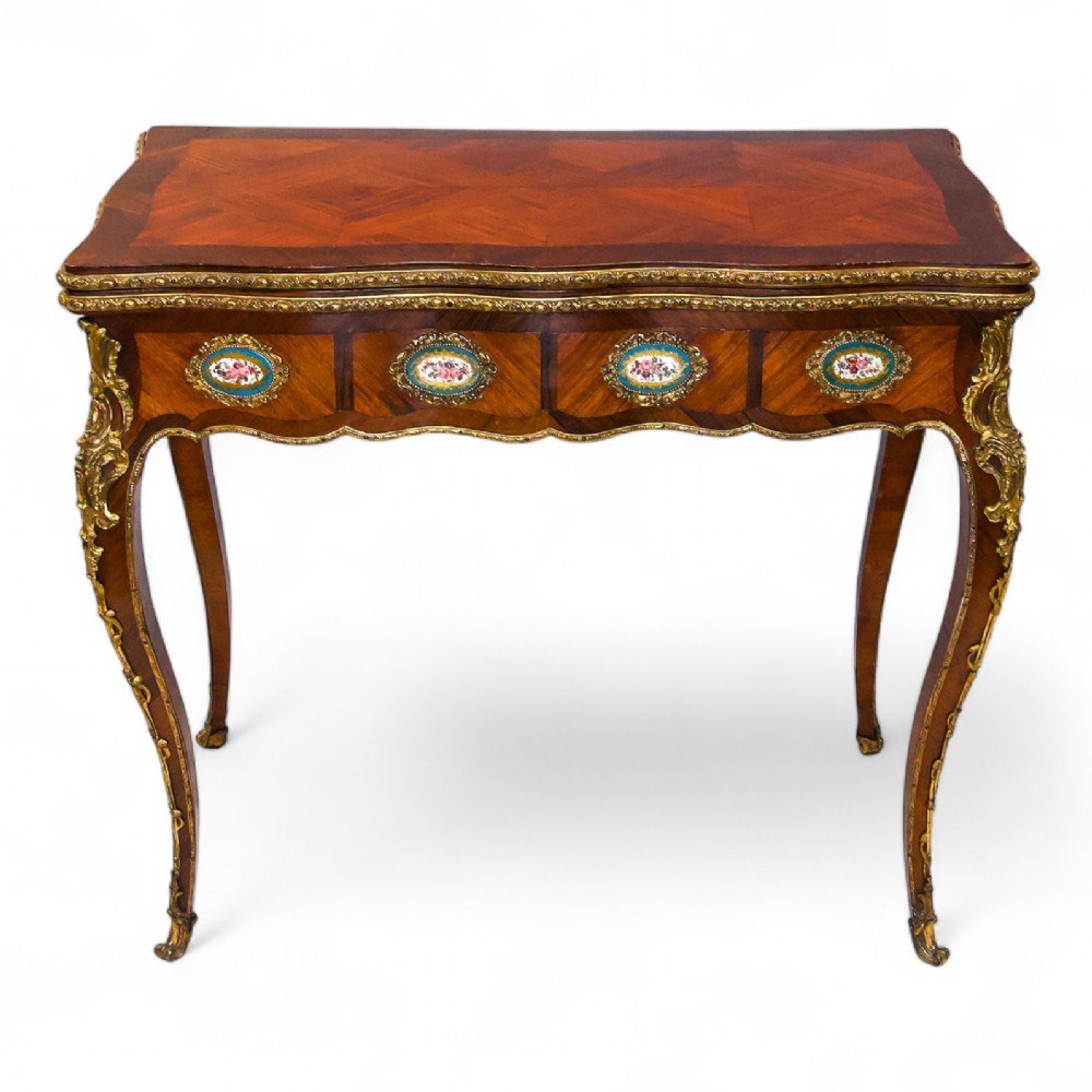 Antique French Kingwood Side / Games Table With Porcelain Plaques