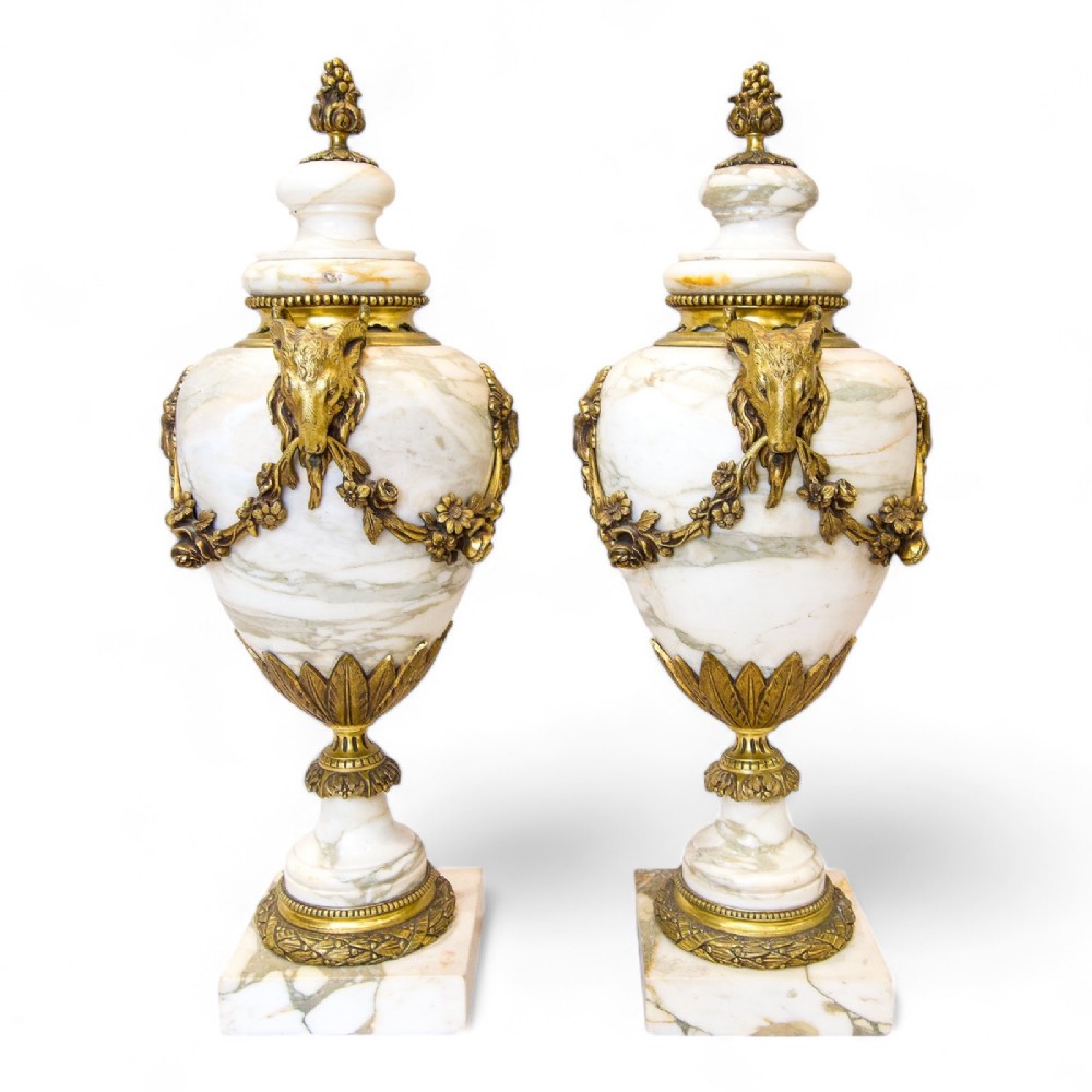 Large Pair Of Antique Marble & Ormolu Mounted Urns