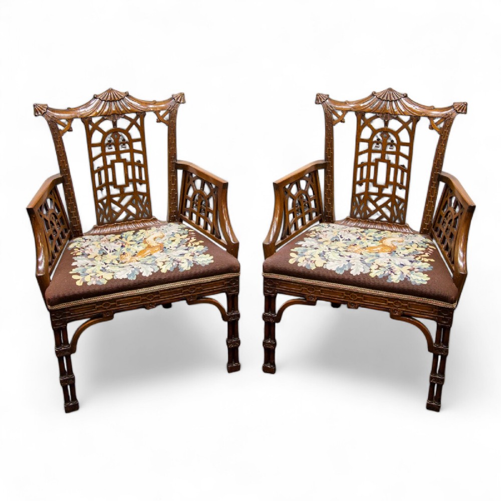 Antique Pair Of Chinese Chippendale Style Arm Chairs 