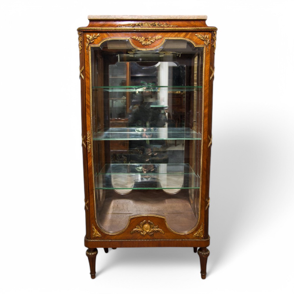 Antique French Marble Top Kingwood Vitrine Cabinet 