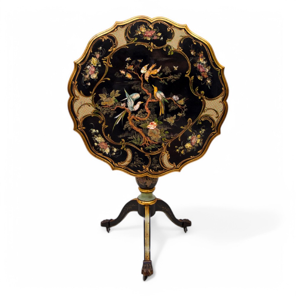 Stunning Antique Gilt Lacquered Ebonised Tilt Top Table 