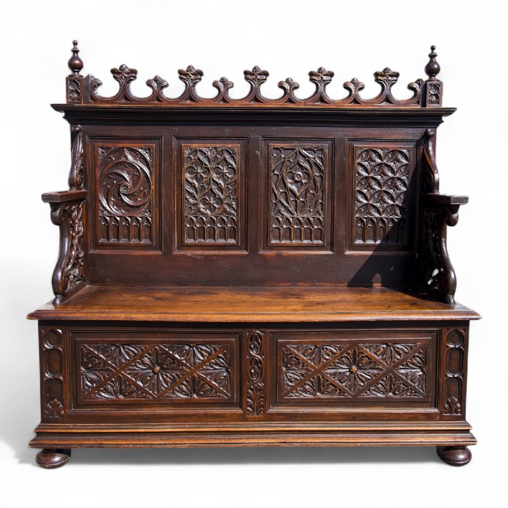 Antique Gothic Style Carved Oak Bench