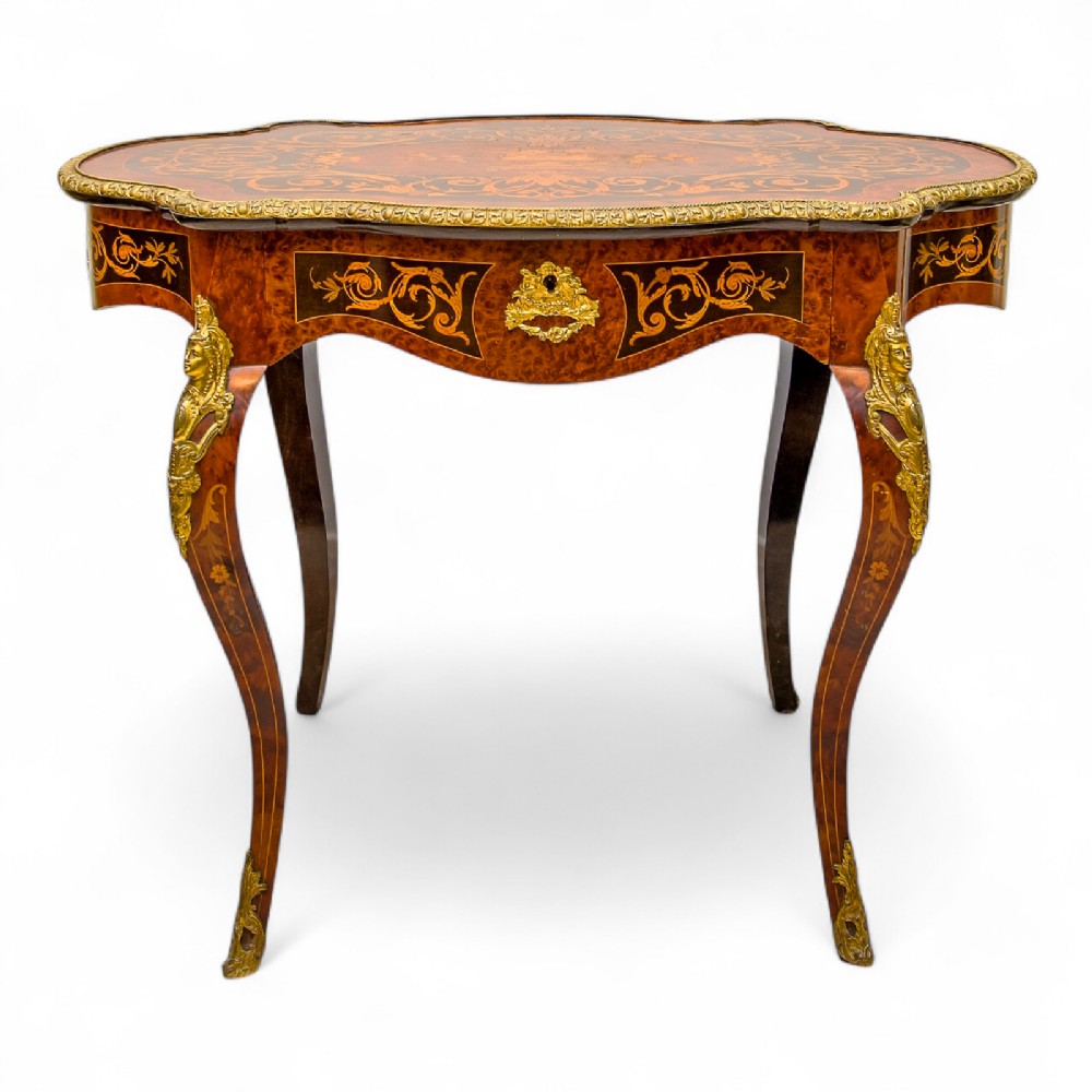 Antique French Amboyna, Ebony & Marquetry Inlaid Centre Table