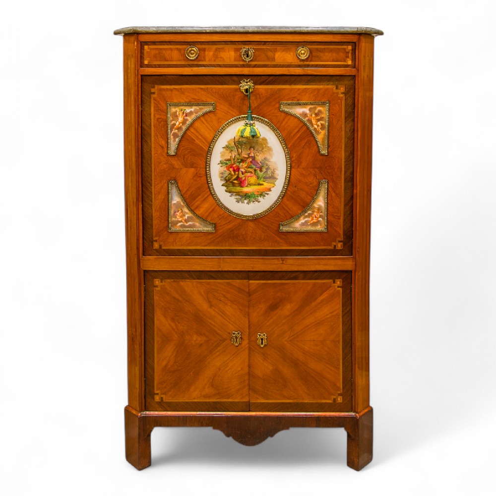 Antique French Tulipwood And Kingwood Secretaire Cabinet With Porcelain Panels