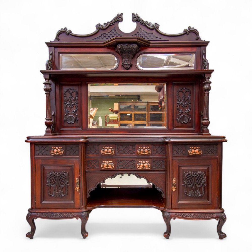 Antique Victorian Carved Mahogany Mirror Back Sideboard With Brass Handles
