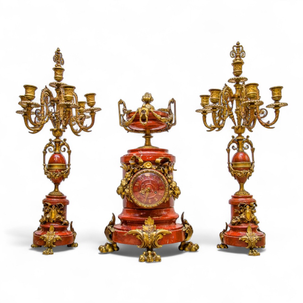 Stunning Quality Large French Rouge Marble & Ormolu Mounted Clock Set