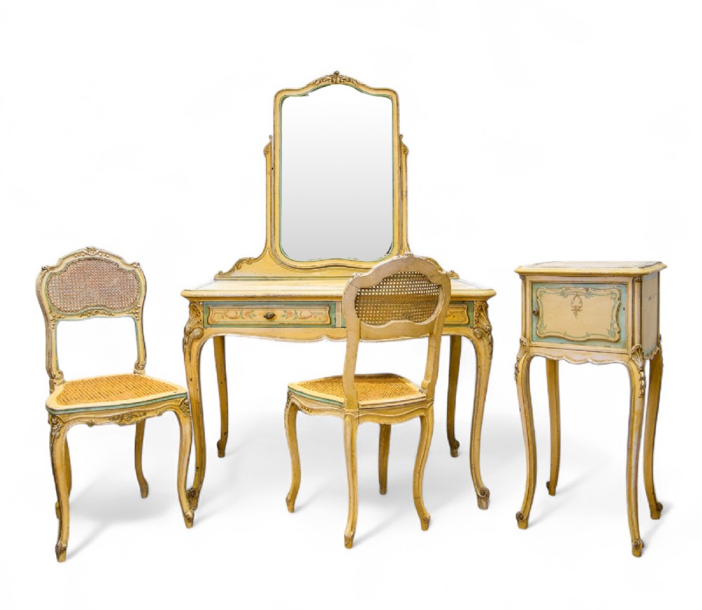 Antique Painted & Gilt Mirror Bedroom Set - Dressing Table , Pot Cupboard & Chairs 