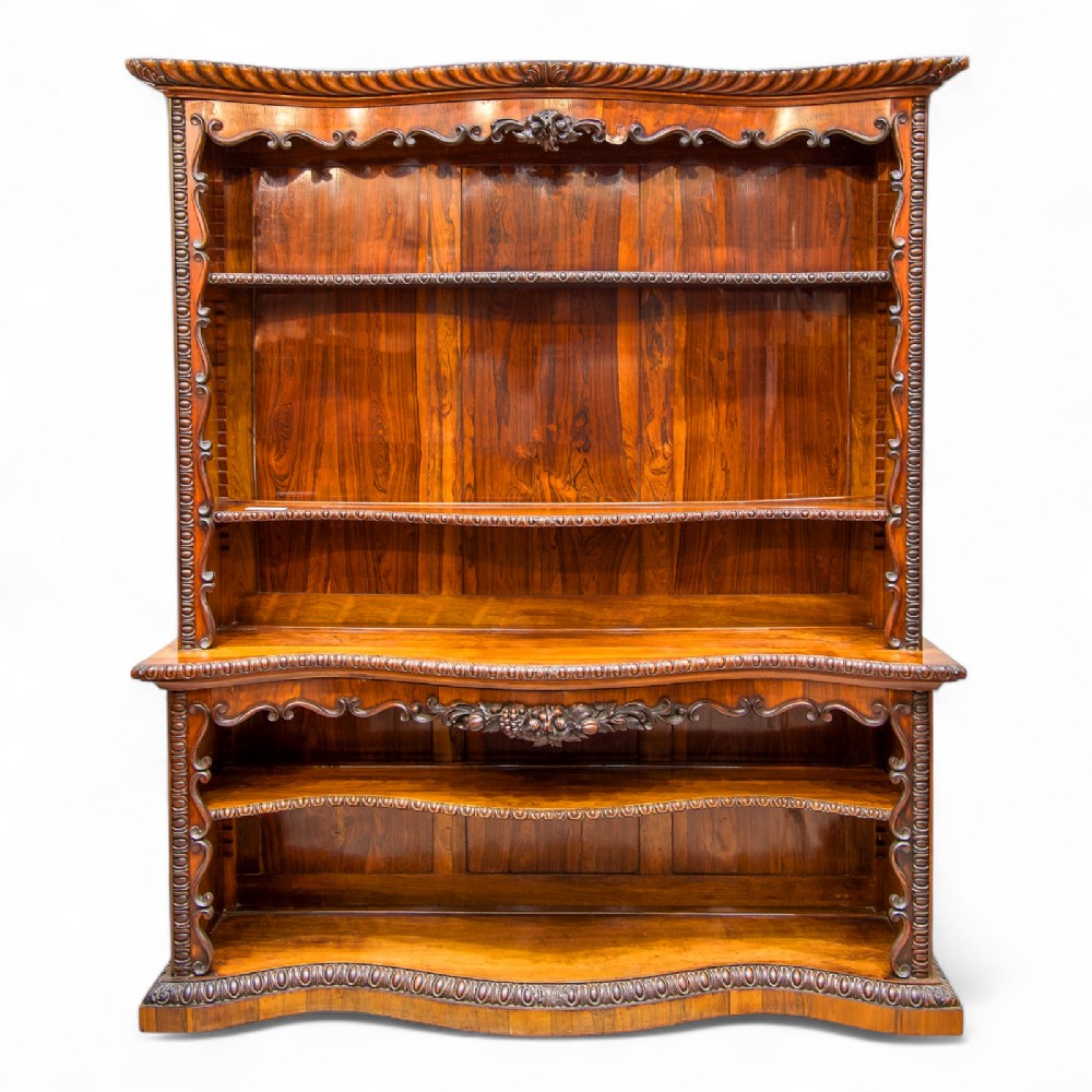 Antique 19th Century Rosewood Serpentine Open Bookcase With Adjustable Shelves