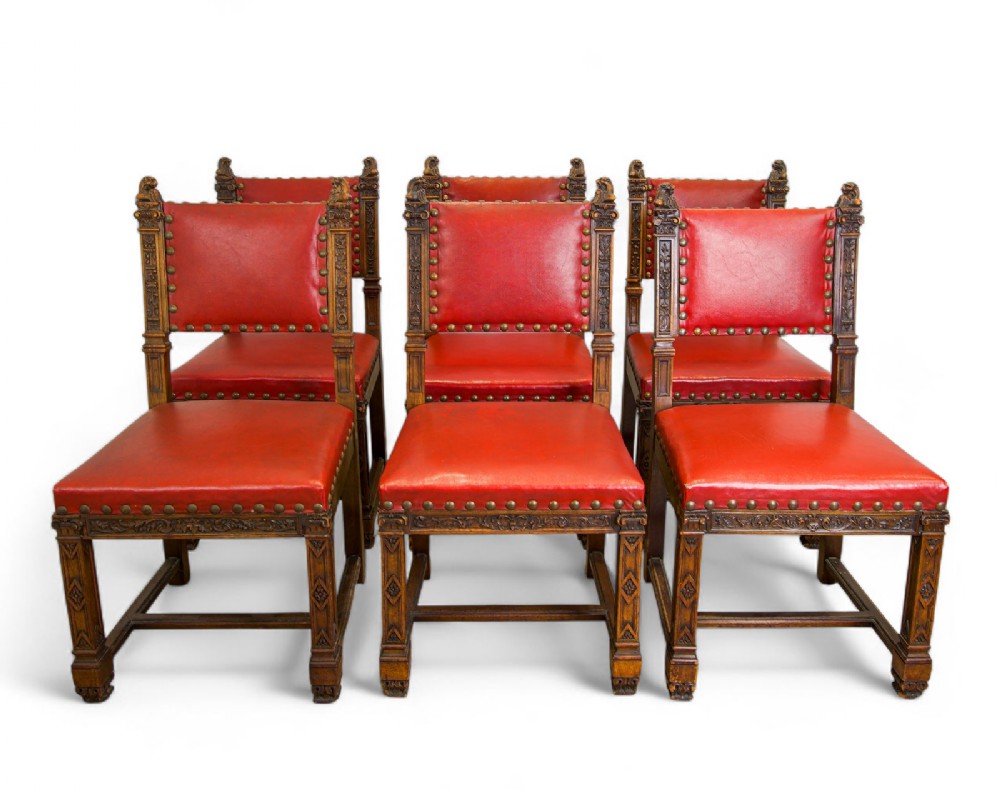 Set Of 6 Antique Gothic Revival Oak Dining Chairs - Red Leather