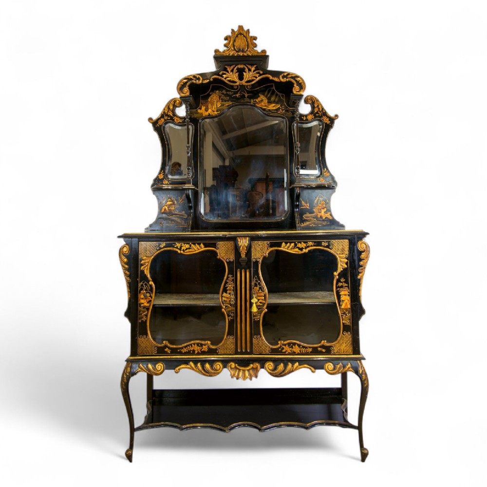 Antique Chinoiserie Decorated Lacquered Ebonised Cabinet