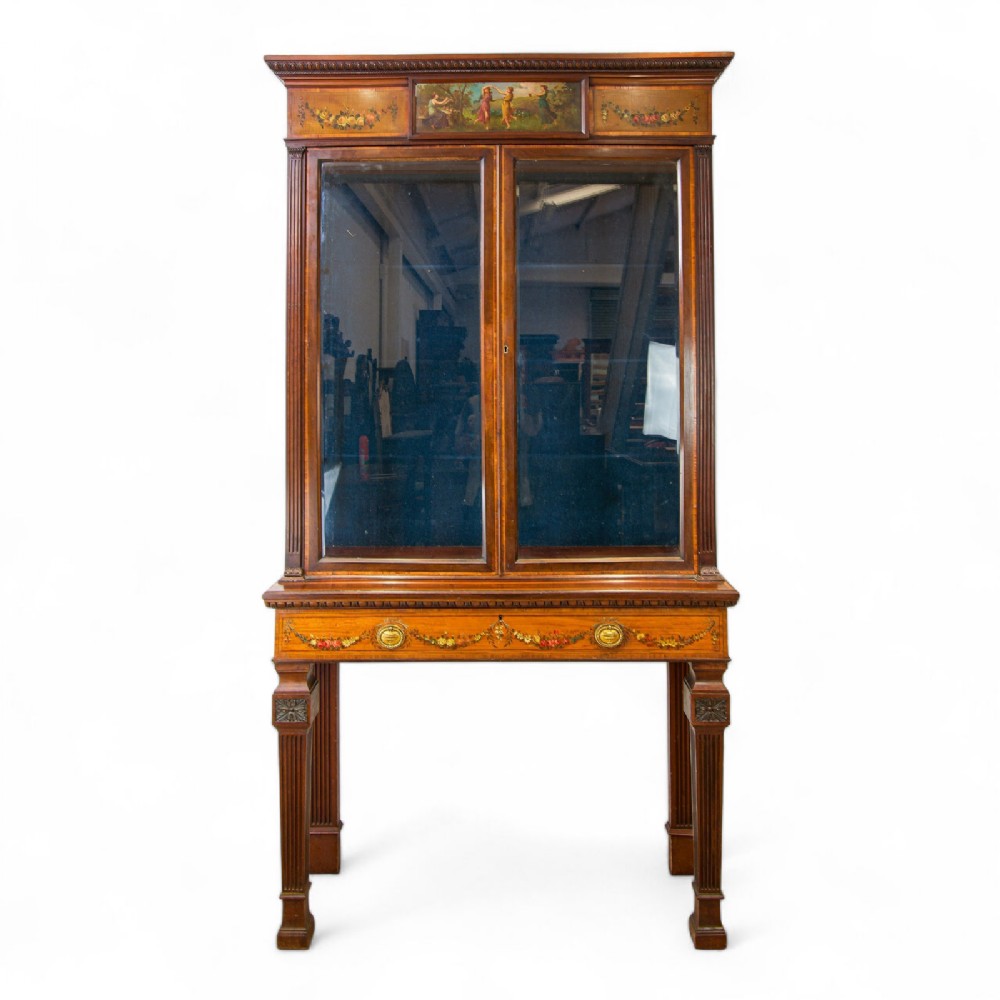 Antique Mahogany & Satinwood Painted Display Cabinet on Stand Hobbs & Sons Lock