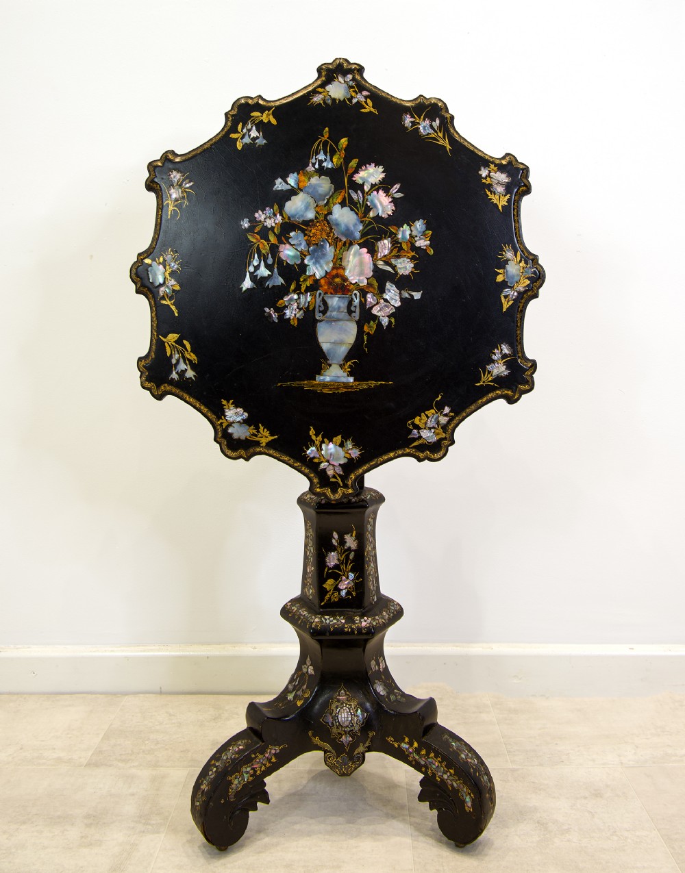 Antique Ebonised & Mother Of Pearl Inlaid Tilt Top Table C.1860