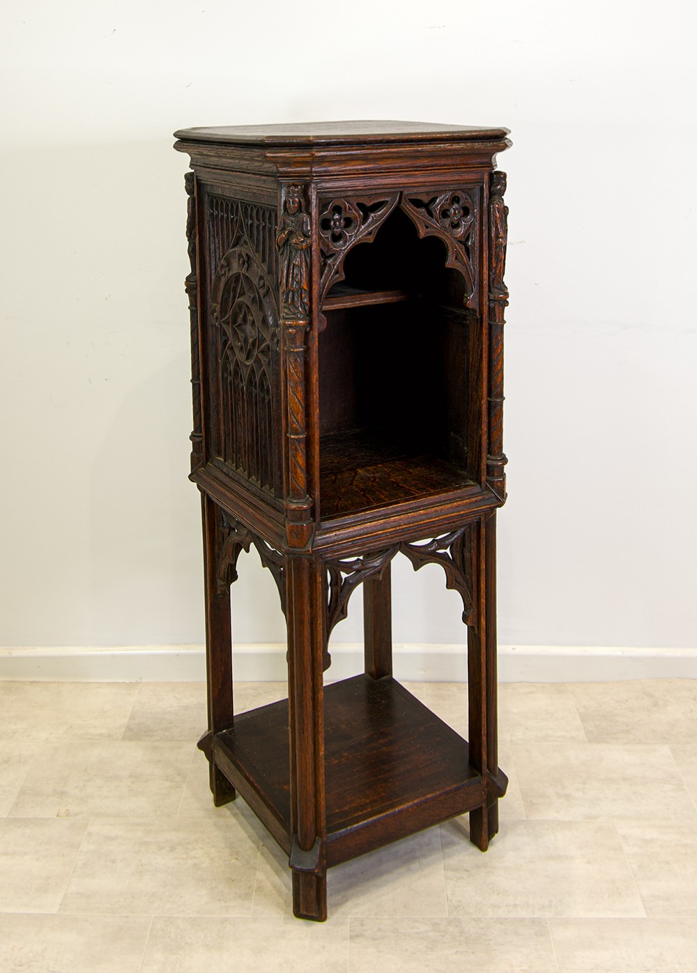 Antique Gothic Revival Carved Oak Stand Cabinet with Figures – 19th Century