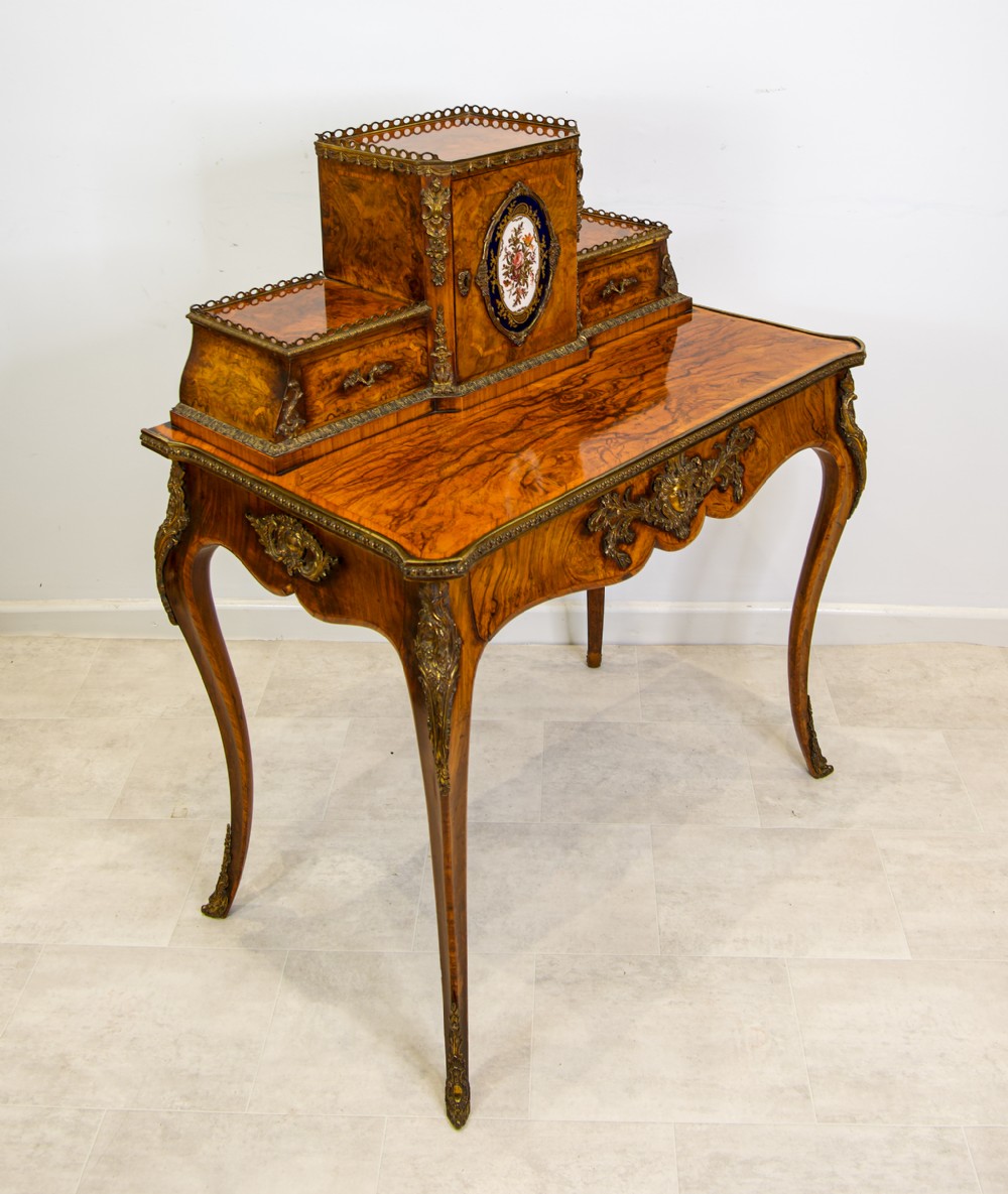 Antique 19th Century French Walnut Writing Table with Ormolu Mounts and Porcelain Plaque