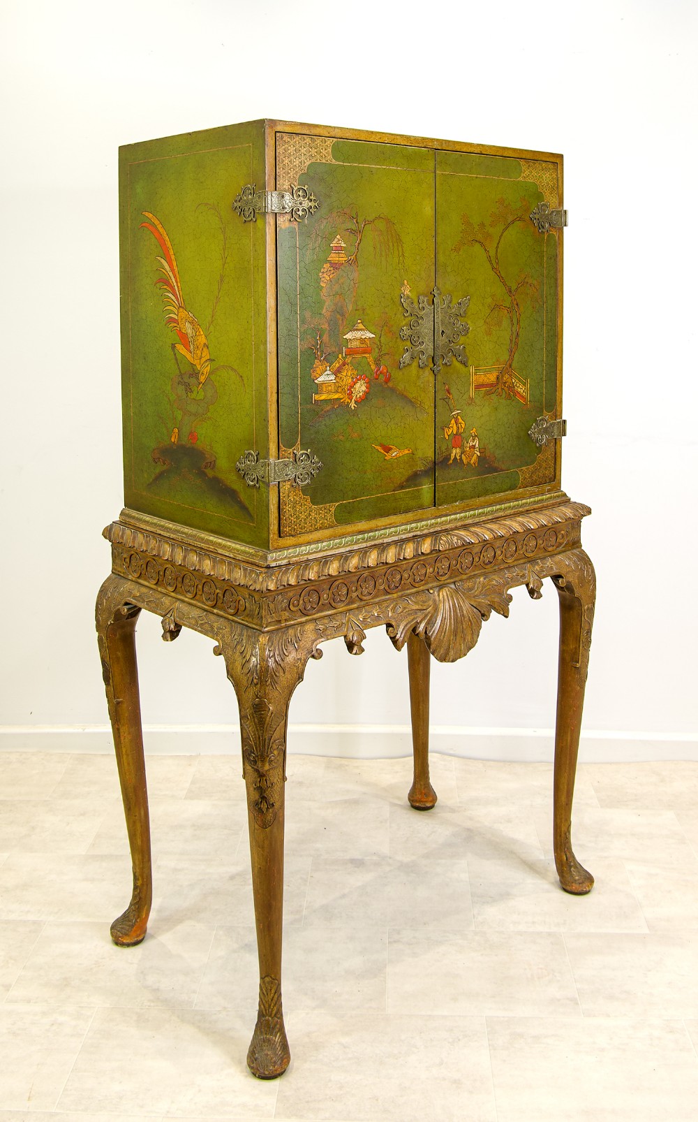 Antique Chinoiserie Lacquered Cocktail Cabinet On Carved Stand,C.1900