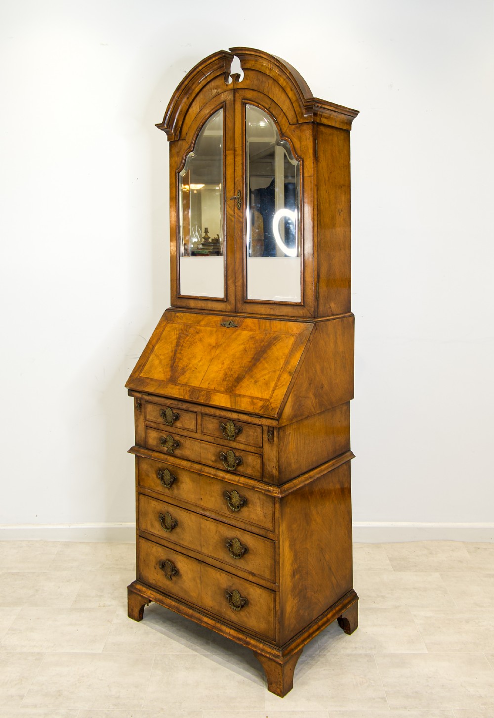 Early 20th Century Georgian-Style Burr Walnut Bureau Bookcase