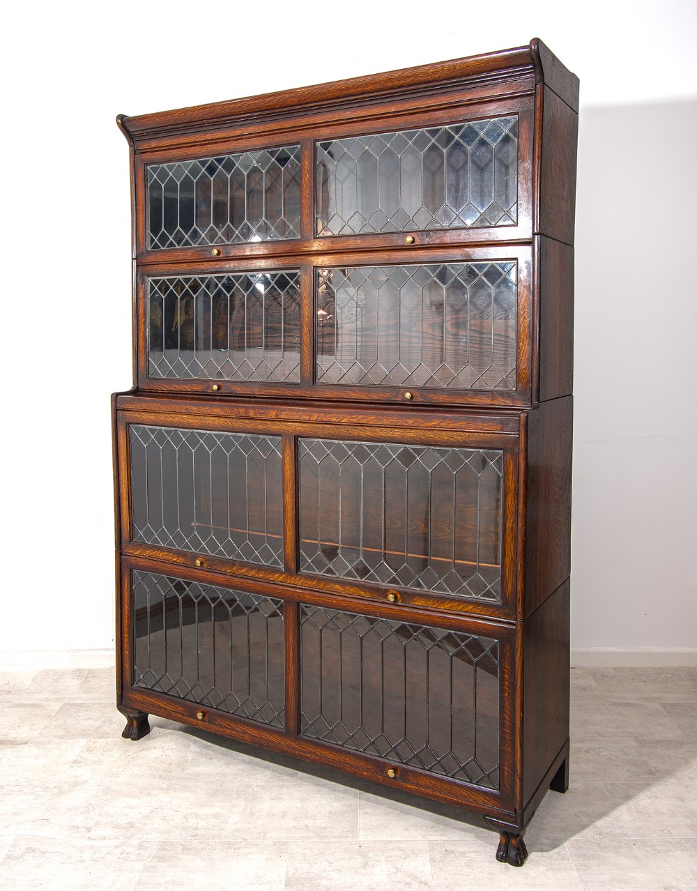 Large Antique Oak Sectional Barrister Bookcase with Leaded Glass Doors – 188cm High