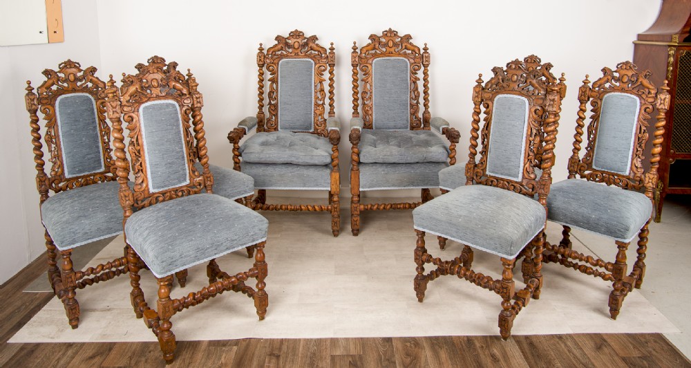 Exceptional Set of 8 Antique Carved Oak Dining Chairs Including 2 Throne Armchairs - 19th Century Lion & Barley Twist Suite
