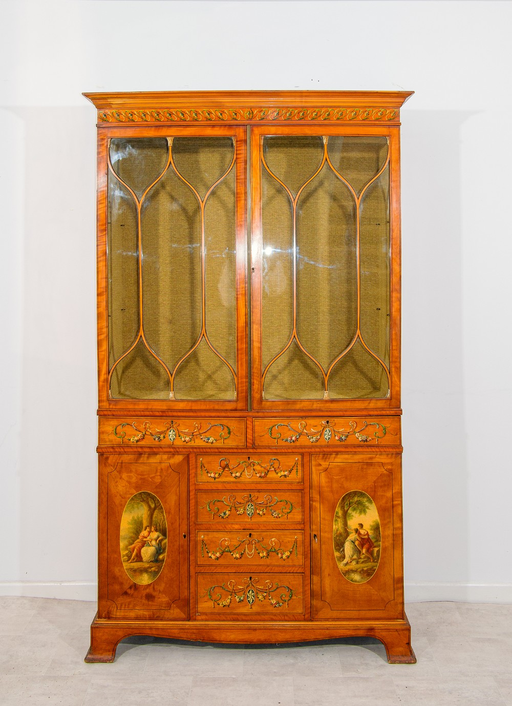 Antique Satinwood Painted Display Cabinet with Neoclassical Decoration & Astragal Glazed Doors – Early 20th Century