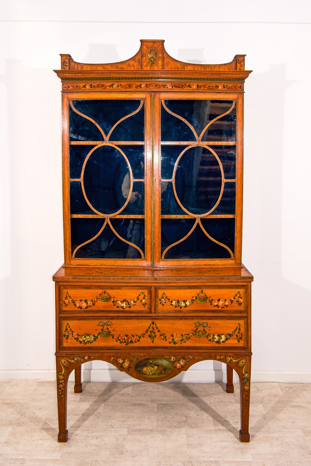 Antique Satinwood Bookcase on Stand with Neoclassical Decoration & Astragal Glazed Doors - Early 20th Century Sheraton Revival