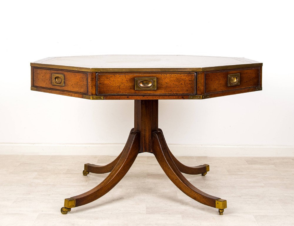 Edwardian Octagonal Campaign Drum Table with Leather Inset Top & Eight Drawers, Mahogany & Brass