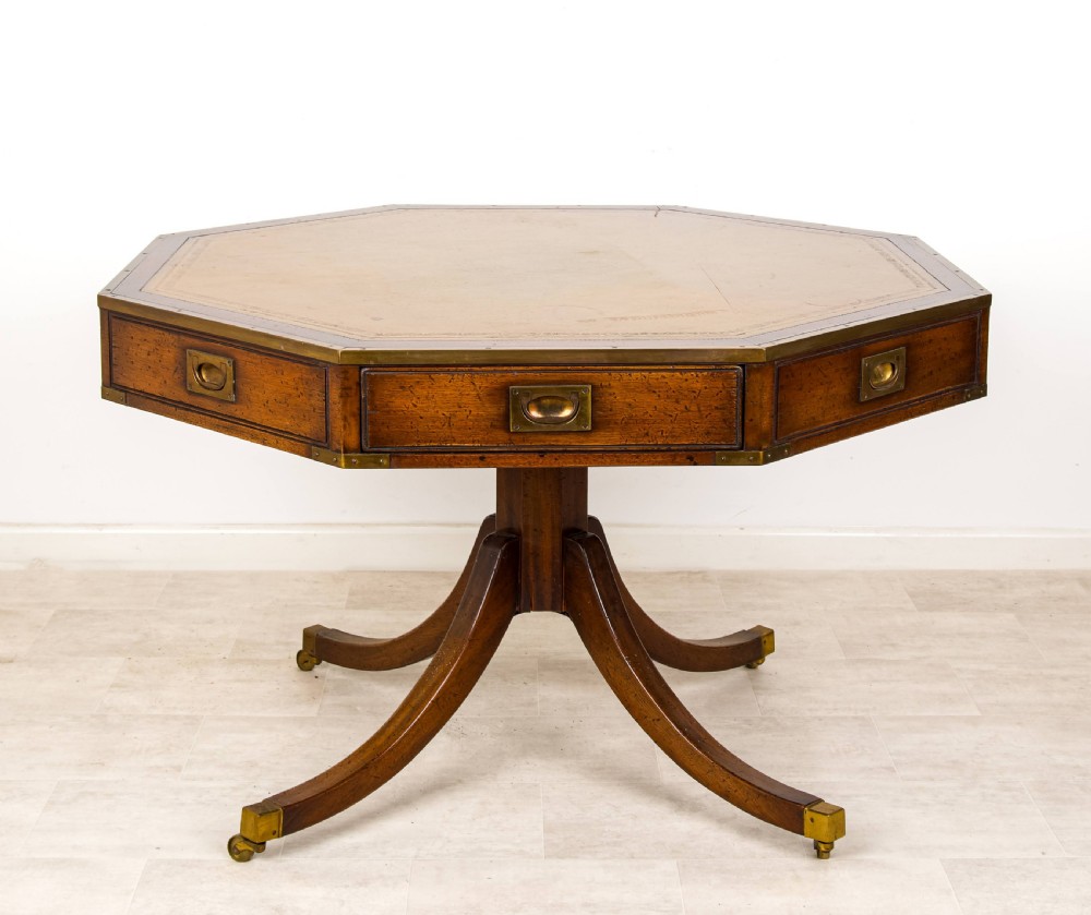 Edwardian Octagonal Campaign Drum Table with Leather Inset Top & Eight Drawers, Mahogany & Brass View II