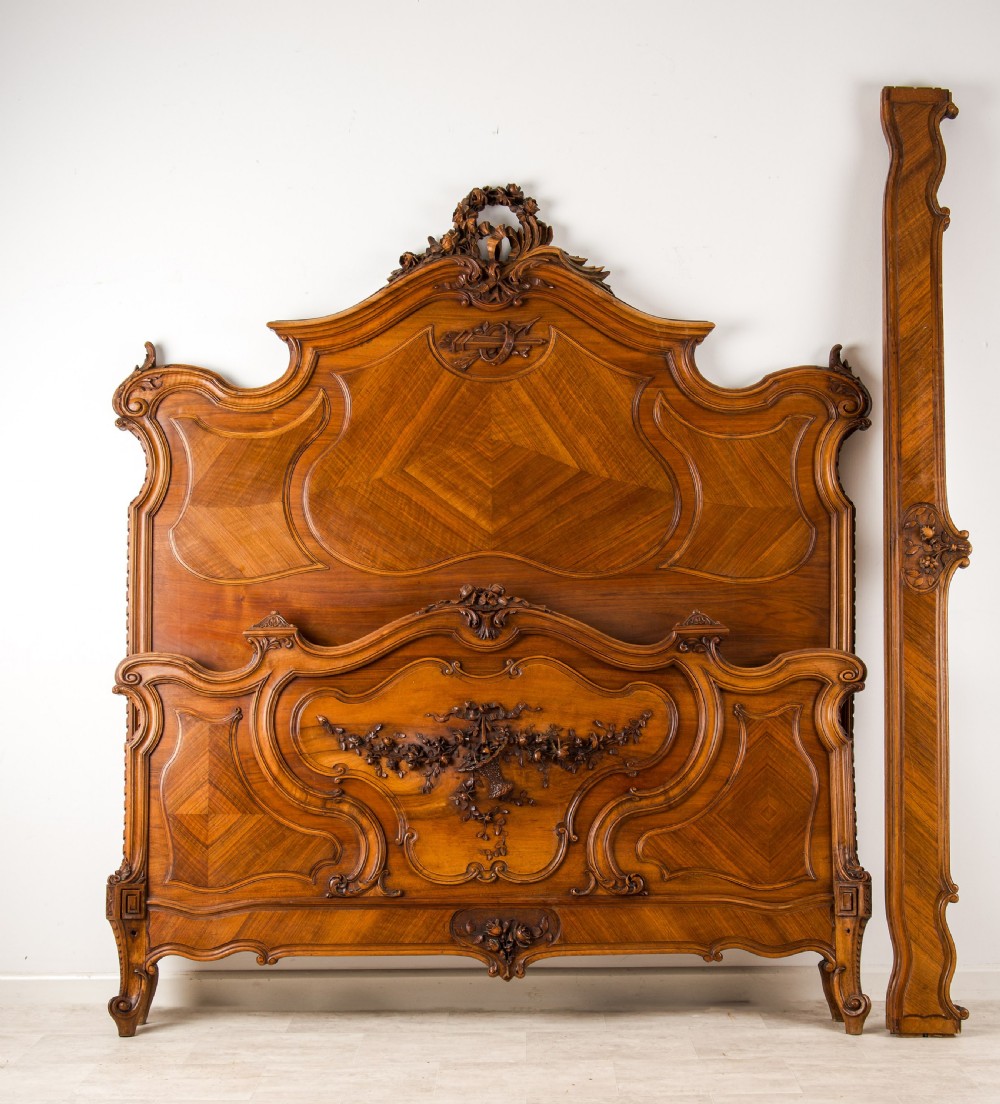 Impressive 19th Century French Carved Walnut Bed with Parquetry Panels