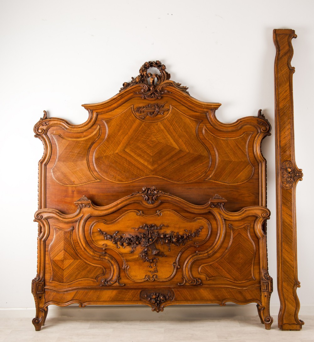 Impressive 19th Century French Carved Walnut Bed with Parquetry Panels View V