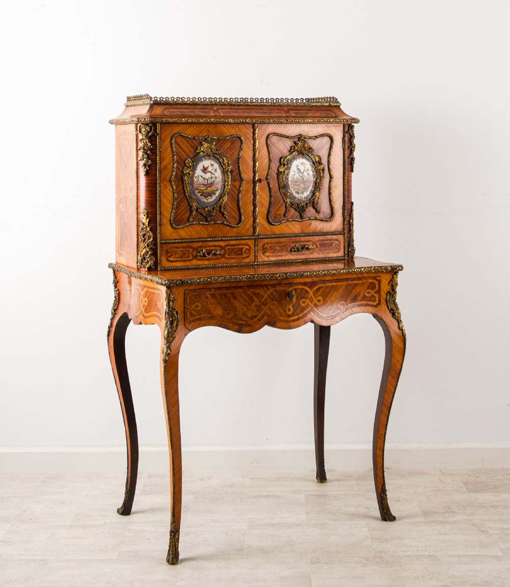 Fine Antique French Kingwood Bonheur du Jour with Hand-Painted Porcelain Plaques View VI