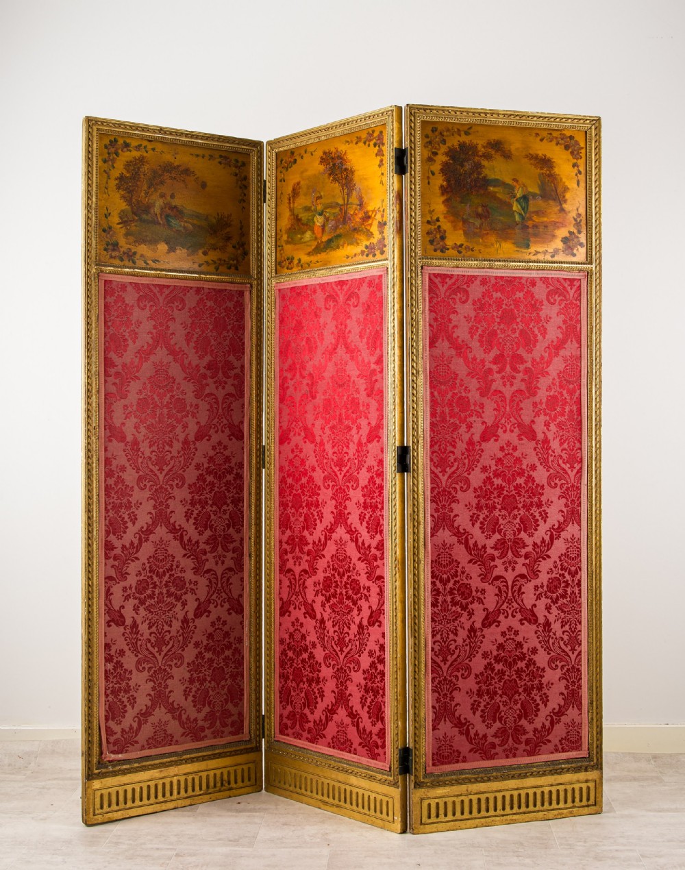 Antique French Giltwood Three Fold Screen with Painted Panels - c.1900
