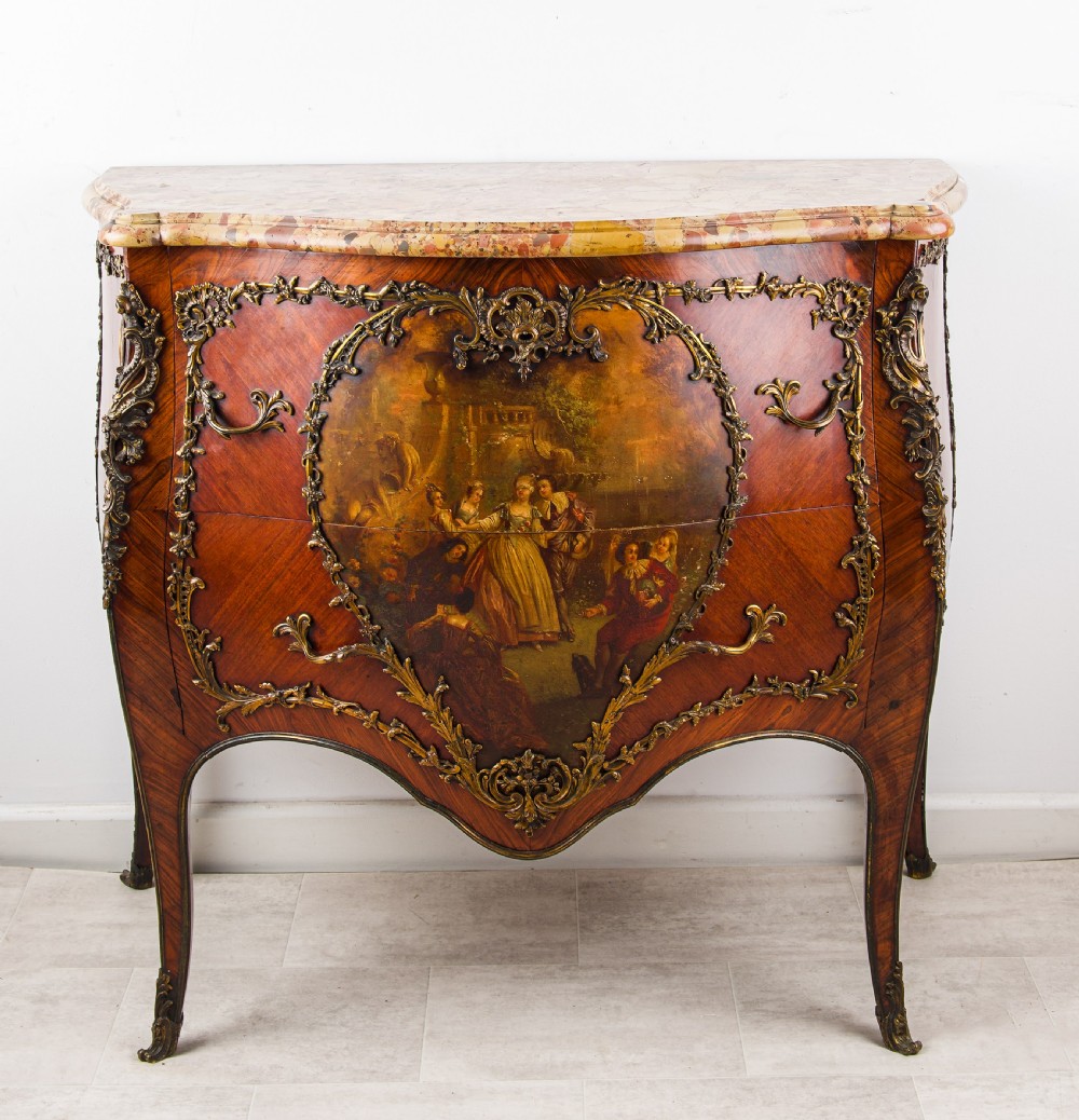 An antique French Louis XV style bombe commode featuring a hand-painted Vernis Martin figurative scene, ornate gilt-bronze mounts, and a shaped breccia marble top. View II