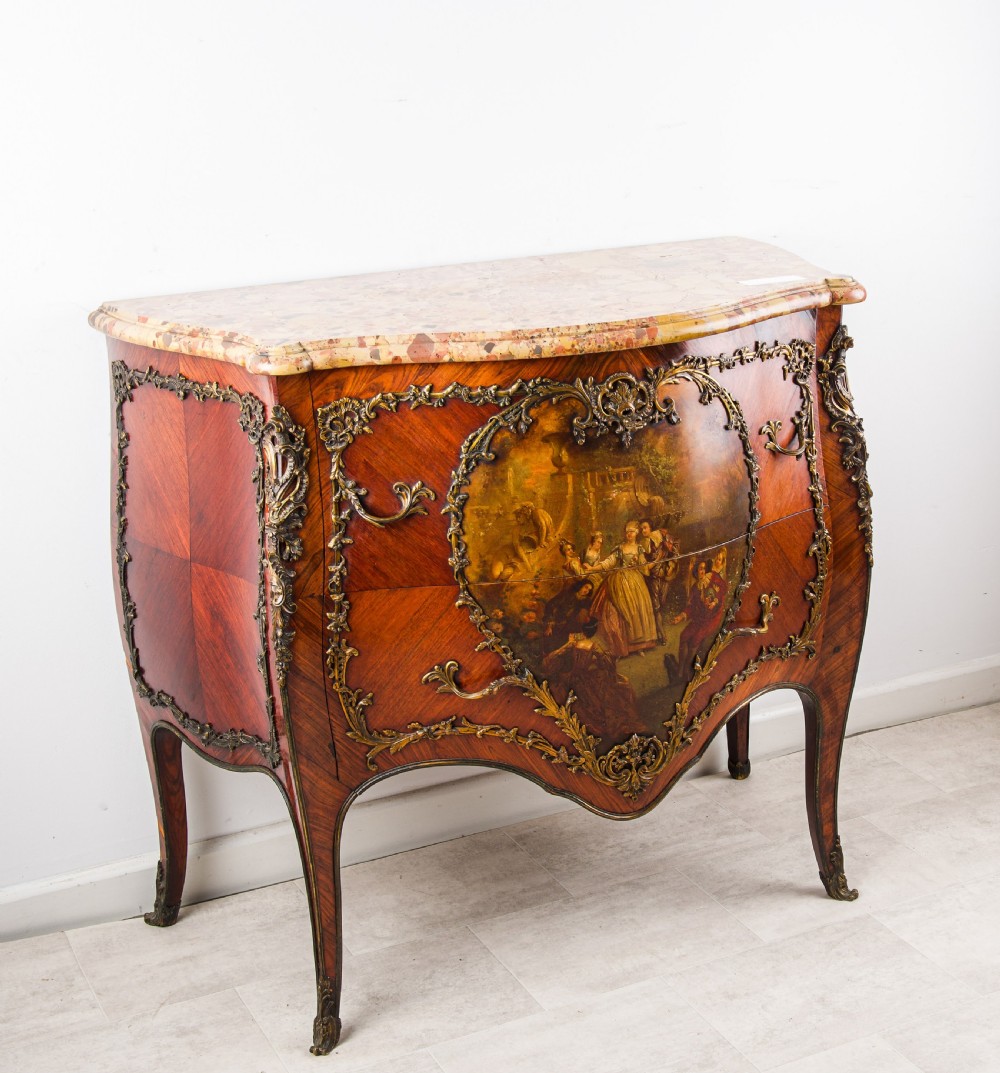 An antique French Louis XV style bombe commode featuring a hand-painted Vernis Martin figurative scene, ornate gilt-bronze mounts, and a shaped breccia marble top. View IV